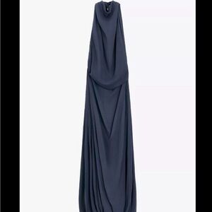 Navy Blue Draped Halter Backless Dress